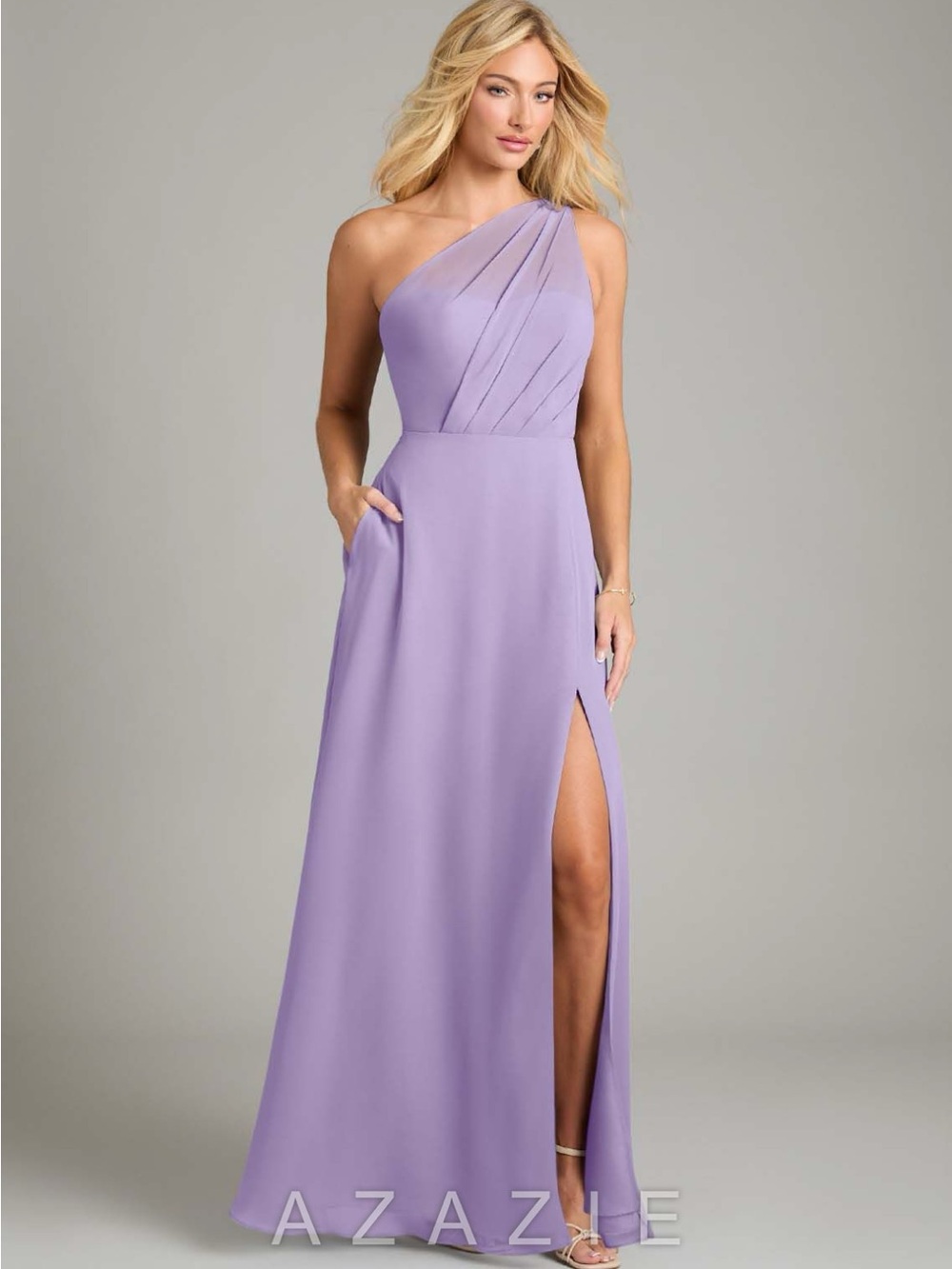 Azazie One-Shoulder Lilac Bridesmaid Dress with Side Slit